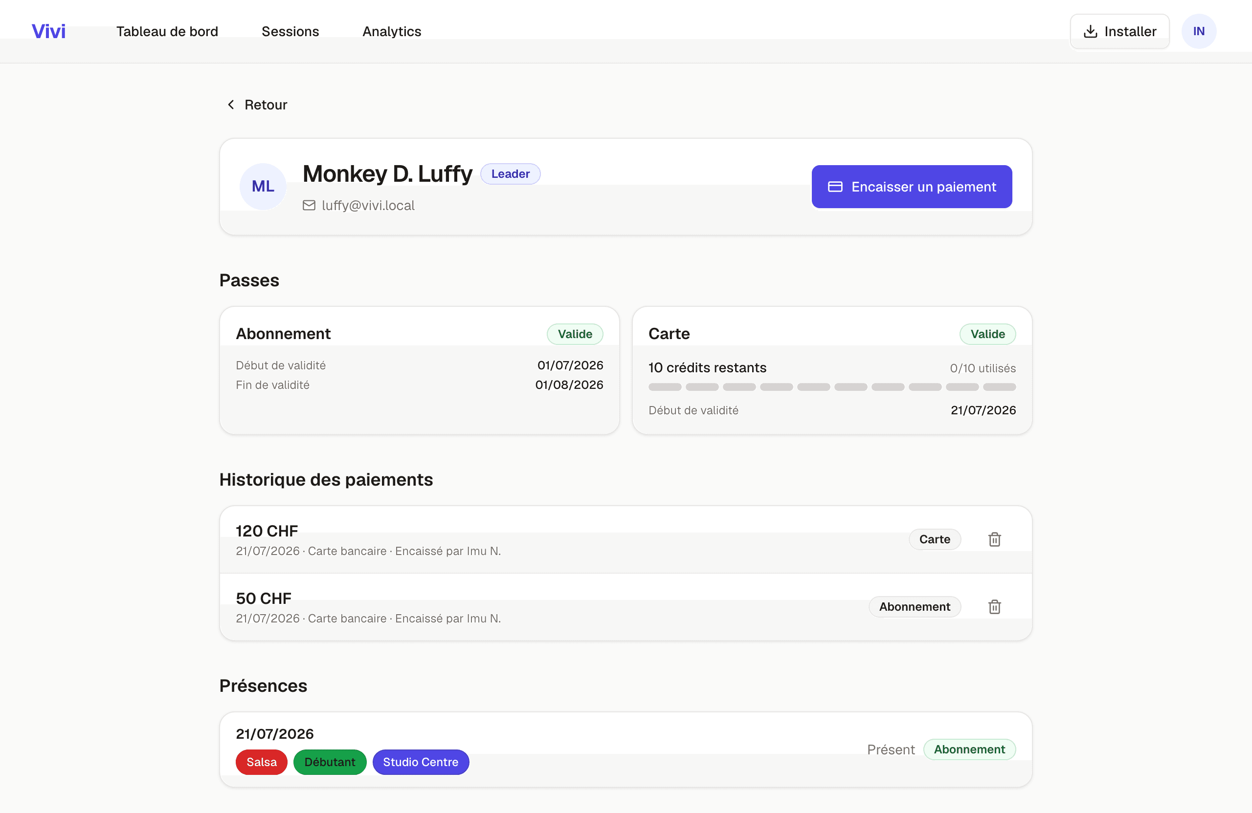 Gestion des passes et paiements dans Vivi